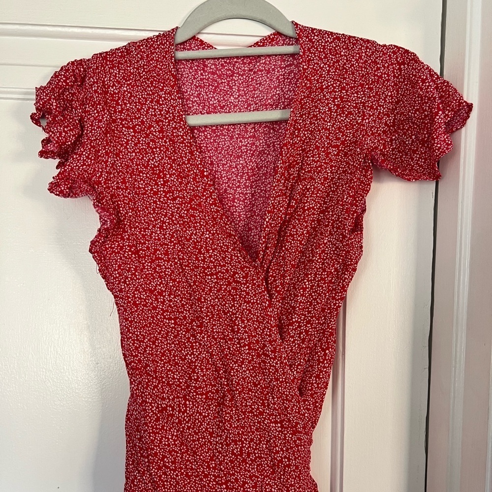 Red Floral Wrap Midi Dress Cottagecore Ruffle Sleeve Summer Size L/ M - Picture 2 of 10